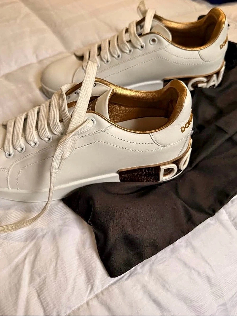 Dolce & Gabbana Portofino Leather Sneakers White & Gold